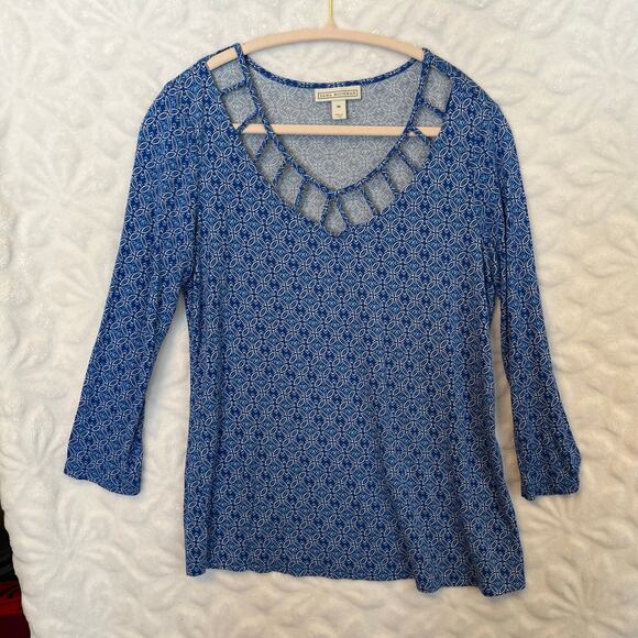 Dana Buchman long sleeve top blue patterned square loops around collar - Picture 1 of 5